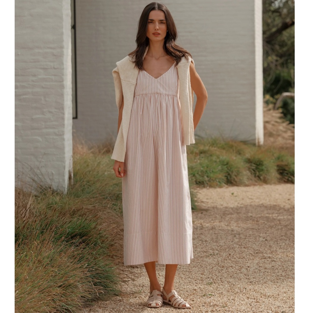 Jenni Kayne Pale Pink Striped V-Neck Midi Dress